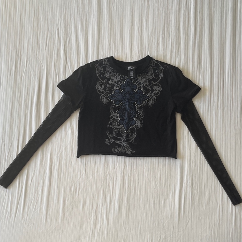 Black Social Collision Graphic Shirt with Mesh Sleeves
